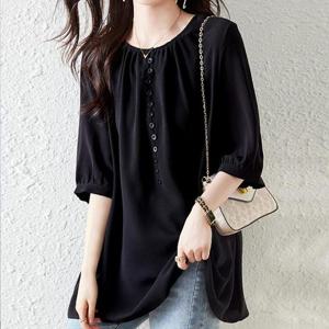 [퀸이즈] [~99까지]빅사이즈 메렌 버튼 라인 라운드넥 블라우스