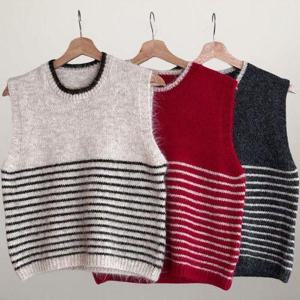 [신상오픈런]여성 레드 니트 배색 라운드 스트라이프 부클 니트 조끼