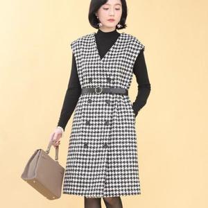 [애비뉴투지]엄마옷 하운드 투스 고방 체크 두툼한 브이 단추 여성 겨울 롱 정장 조끼 원피스+벨트 K0143..