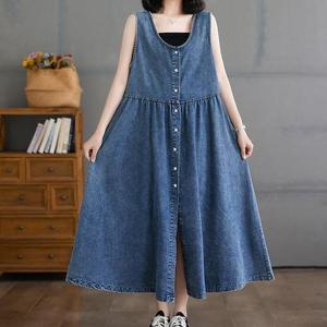 [쿠잉]오픈 데님 멜빵 민소매 오버핏 롱원피스/청원피스