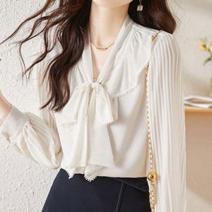[모니카제이]플리츠 리본 블라우스