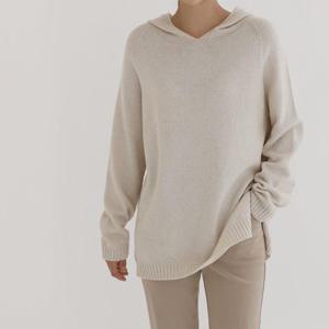 여자 후드니트 브이넥 루즈핏 겨울 캐시미어 긴팔티