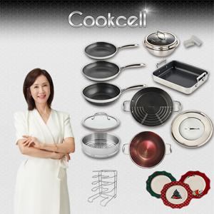 [쿡셀] 블랙큐브 세라믹 IH프라이팬+가마솥+패밀리팬 특집구성(프라이팬22cm, 프라이팬28cm, 궁중팬28cm)+사각멀티팬+가마솥22cm/뚜껑, 36패밀리팬/뚜껑, 28레드파티웍, 28찜기, 28유리뚜껑, 실리콘 손잡이(2P)+프라이팬거치대, 쿡셀 크리스마스디너웨어3P