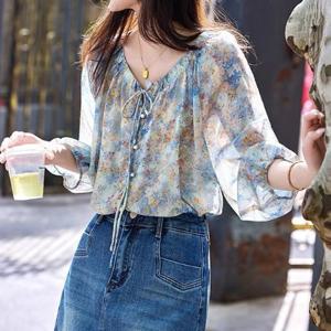 [블랙퀸] 플로럴 7부 볼륨소매 블라우스 blk003600