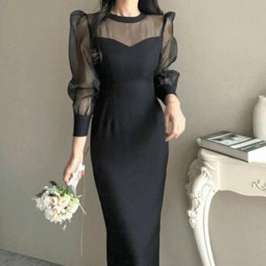 [엘린무드]포르테 오간자 퍼프 몸매보정 스판 펜슬 롱 부케 피로연 하객 연말 파티 원피스(3color)