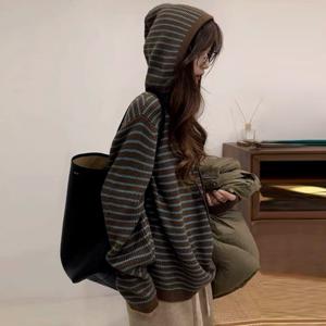 ★인기베스트★[무드무드] 에르 스트라이프 하찌 후드 니트