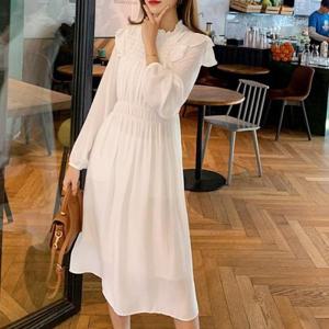 [모노위크][당일배송특가] 허밍 스모크 프릴 셔링 쉬폰 긴팔 롱원피스