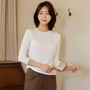 여성 봄 가을 슬림핏 라운드 흰 화이트 스판 긴팔 레이어드 티셔츠 미시 캐주얼 이너 등원 속티