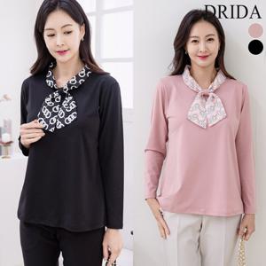 엄마옷 간절기 봄 가을 스카프 장식 타이 스판 빅사이즈 티셔츠 블라우스 40-50대 중년 여성  마담