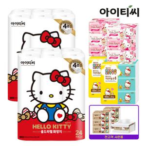 [핑크패키지](뽑화6팩+디스펜서)헬로키티 골드라벨 레드롤 패키지 4겹 24롤2팩+팝업티슈6팩+키친타올6팩+뽑아쓰는화장지6팩+디스펜서