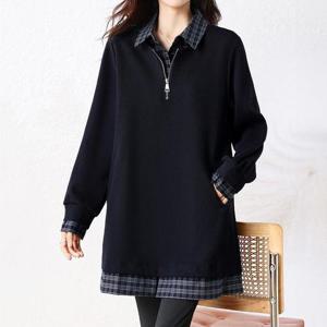 [퀸이즈] [~88까지]젯 오버핏 체크 카라 레이어드 반집업 롱 티셔츠