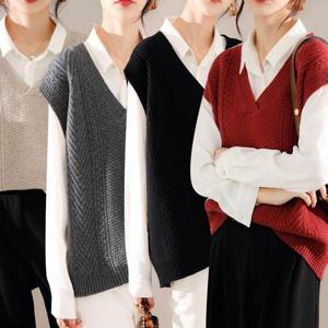 [브이와이]여자 V넥 박시 피셔맨 모직 빨간색 니트조끼