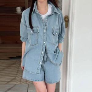 [삐까삐까]여성 오버핏 데님 셔츠 반바지 세트 여름 데일리룩 연청 진청 청청패션 코디 세트