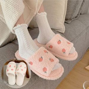 [루즈루나] 복숭아 자수 털실내화 겨울 방한 층간소음방지 보온 슬리퍼