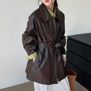 [끌레아]모던무드 다크브라운 벨트 레더자켓 하프트렌치