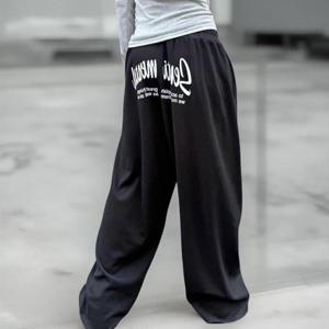 [옷자락]여성 배색 문자 와이드 가을 방송 댄스 팬츠 밴딩 바지
