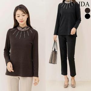 [드리다]엄마옷  여자 레이스 프릴 하이넥 핫픽스 장식 빅사이즈 티셔츠 50-60대 중년여성 하객 캐주얼 ..