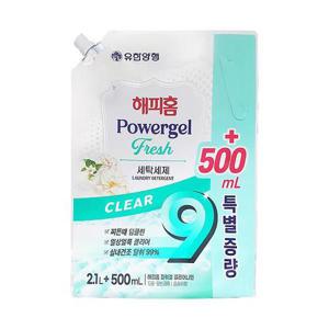 [유한락스]해피홈 파워겔 클리어나인 세탁세제 프레쉬향 2.1L+500ml