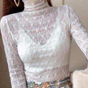 여자 사?절 시스루 레이스 목폴라 티셔츠 레이어드 이너티 블라우스