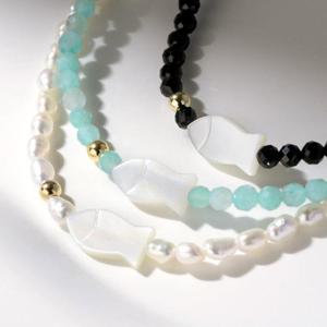 [모아르] 14K 컷팅 천연석 자개 물고기 팔찌 3종 택1 행운 선물