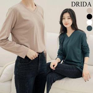 [드리다]여자 겨울 브이넥 기모 긴팔 면티 빅사이즈 흰 이너 티셔츠 화이트 40-50대 미시 중년 여성 캐주..