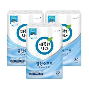 [깨끗한나라]깨끗한나라 클린 소프트 천연펄프 화장지 3겹 30M 30롤 x3개