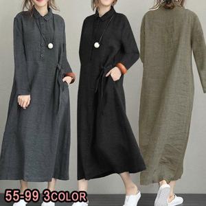 [♥텐텐/빠른출고][[자체제작]  빅사이즈(55~99) 린넨  긴~팔 롱 원피스