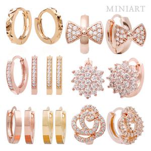 데일리 14K 금침 로즈 골드 큐빅 원터치 링 롱 드롭 귀걸이 이어링