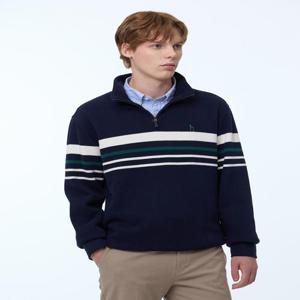 헤지스 남성 [스테디셀러] 네이비 스트라이프배색 면 반집업티셔츠  (WHTS4D531N2)