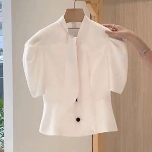 제로투올샵 / 프랑스 레트로 화이트 여성 반팔 셔츠 화이트