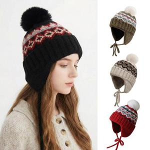 [루즈루나] 샤라 겨울 귀달이모자 노르딕 니트 패턴 방한 귀마개 비니 방울 모자 K258