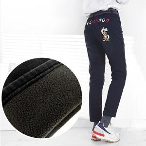 [일공삼에스티]융기모 본딩 블랙진 강아지 자수 밴딩 배기 청바지