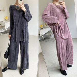 [허밍퍼플]여성용 5719 CE 긴팔 플리츠 풀 세트 빅사이즈 상의 하의 긴팔 와이드 바지 플리즈 주름 여성..