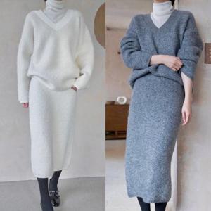 [삐까삐까]고퀄리티 부클 울 니트 스커트 투피스 세트 겨울 니트 셋업