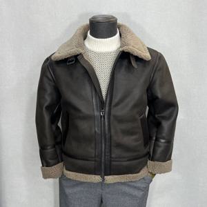 [패션플러스][바쏘옴므]천연 양가죽 배색 페이커 레더 무스탕 점퍼 브라운 Z4UA46A-2