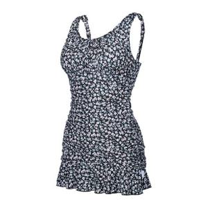 여성 잔꽃 셔링 모노키니 비치 원피스 수영복LS2E914_BK