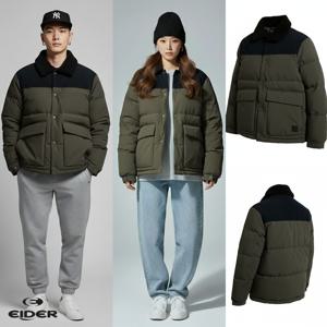[백화점 출고] 아이더 구스 다운 남자 여성 코듀로이 자켓 다크 카키 털 퍼 카라 숏 패딩 점퍼