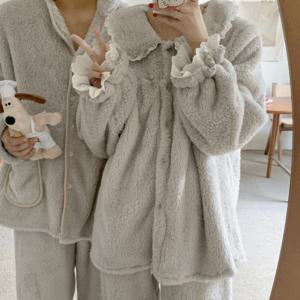 커플 부리또 카라 프릴 극세사 여성용 수면 잠옷 세트 2color