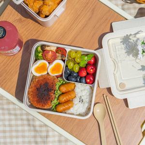 크림 밀짚 직장인 피크닉 밀프랩 보온 도시락통 정사각 1100ml