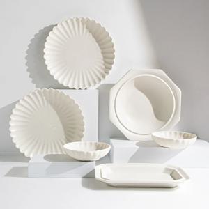 네이처 화이트/그레이 무광 도자기 2인 양식 홈 식기 접시 세트 (6P)