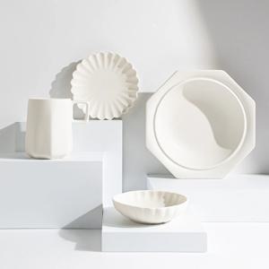 네이처 화이트/그레이 무광 도자기 1인 양식 홈 식기 접시 세트 (4P)