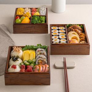 나무 사각 찬합 3단 소풍 도시락통