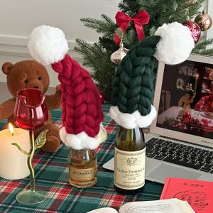 빅 니트 꽈배기 소품 산타모자 와인꾸미기 크리스마스 데코 와인커버