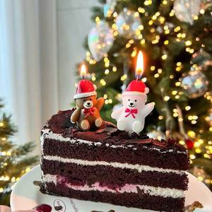 크리스마스 산타 곰돌이초 모자 곰돌초 곰돌이 양초 케이크 장식(3개입)