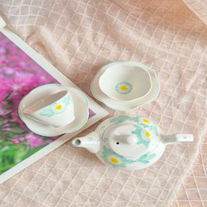 잔 받침 포함 아쿠아마린 국화 2인 다기 set