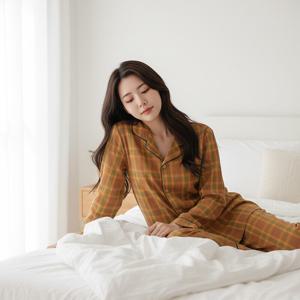 순면 파자마 잠옷 세트 수면 바지 가을 겨울 긴팔 빅사이즈 옐로우 체크