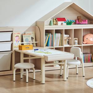 샘키즈 키즈테이블 스퀘어형+등받이 의자+낮은 멀티장 전면책장형 세트