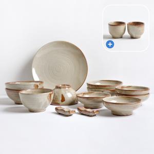소주잔 증정 / 마루 분청 국산 도자기 2인 식기세트 A 13p (굽)