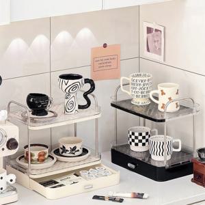 2단 물빠짐 트레이 컵 식기 건조 수납선반 슬라이징 커피캡슐 티백 보관함 2colors