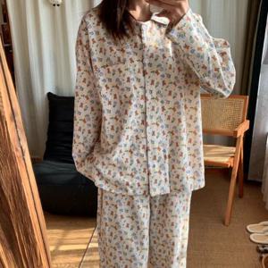 소풍 베어 플라워 순면 피치기모 긴팔 잠옷 세트 1color